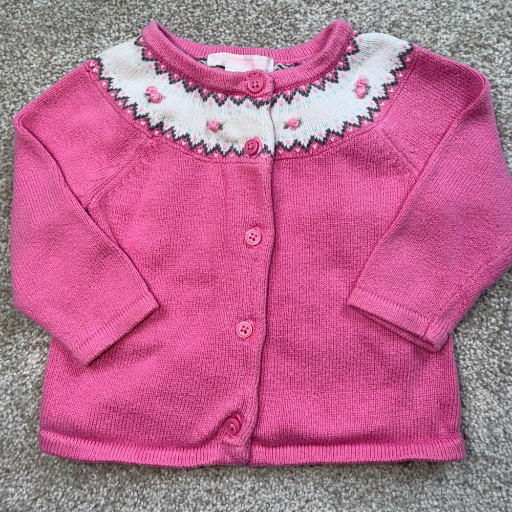 Janie and Jack Girls Pink Fair Isle Rosebud Knit Cardigan Sweater 6-12 Months